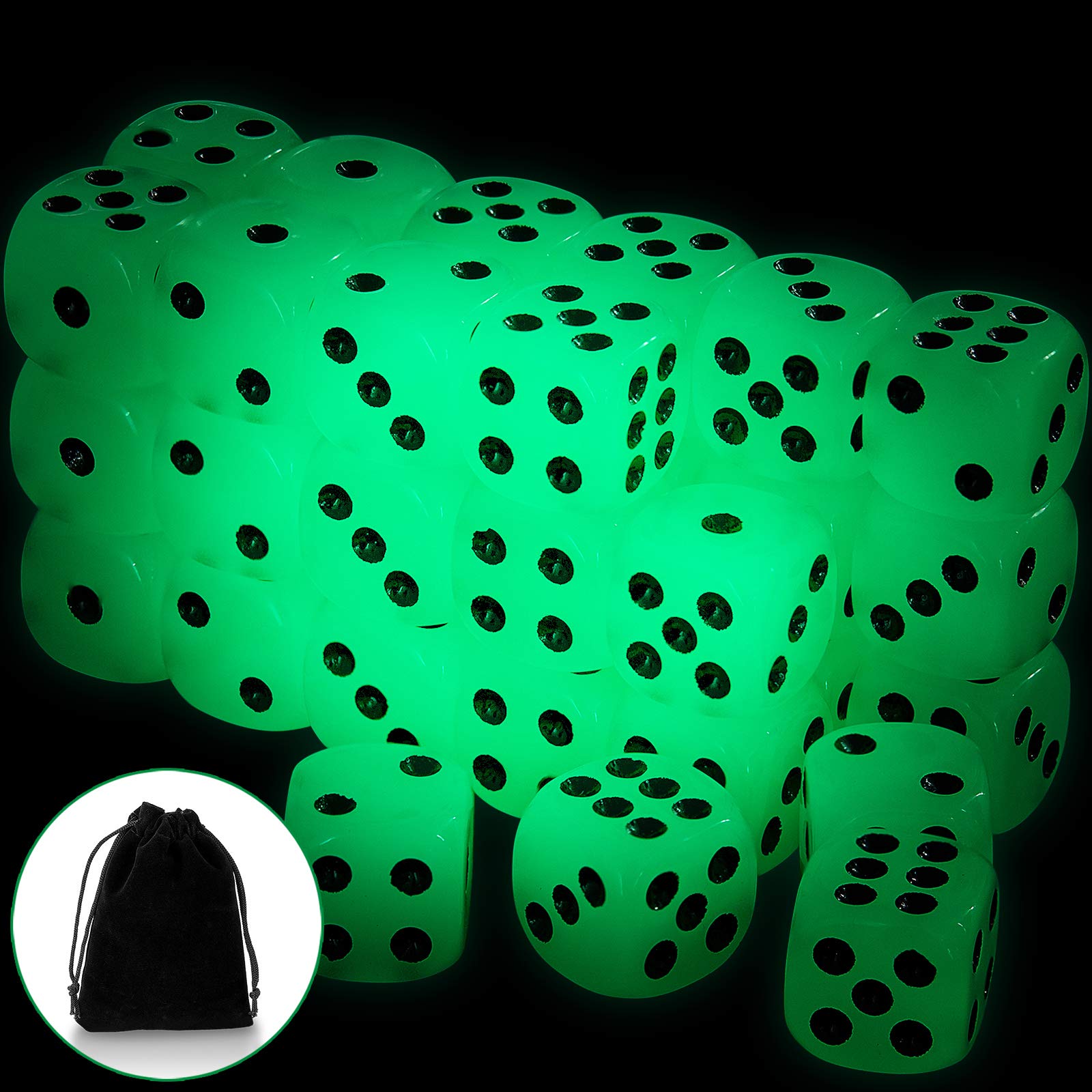 36 Pieces Glow in The Dark Dice Set, Luminous Dice 6 Sided with Black Velvet Pouches for Board Games, Activity Casino Theme Party Favors