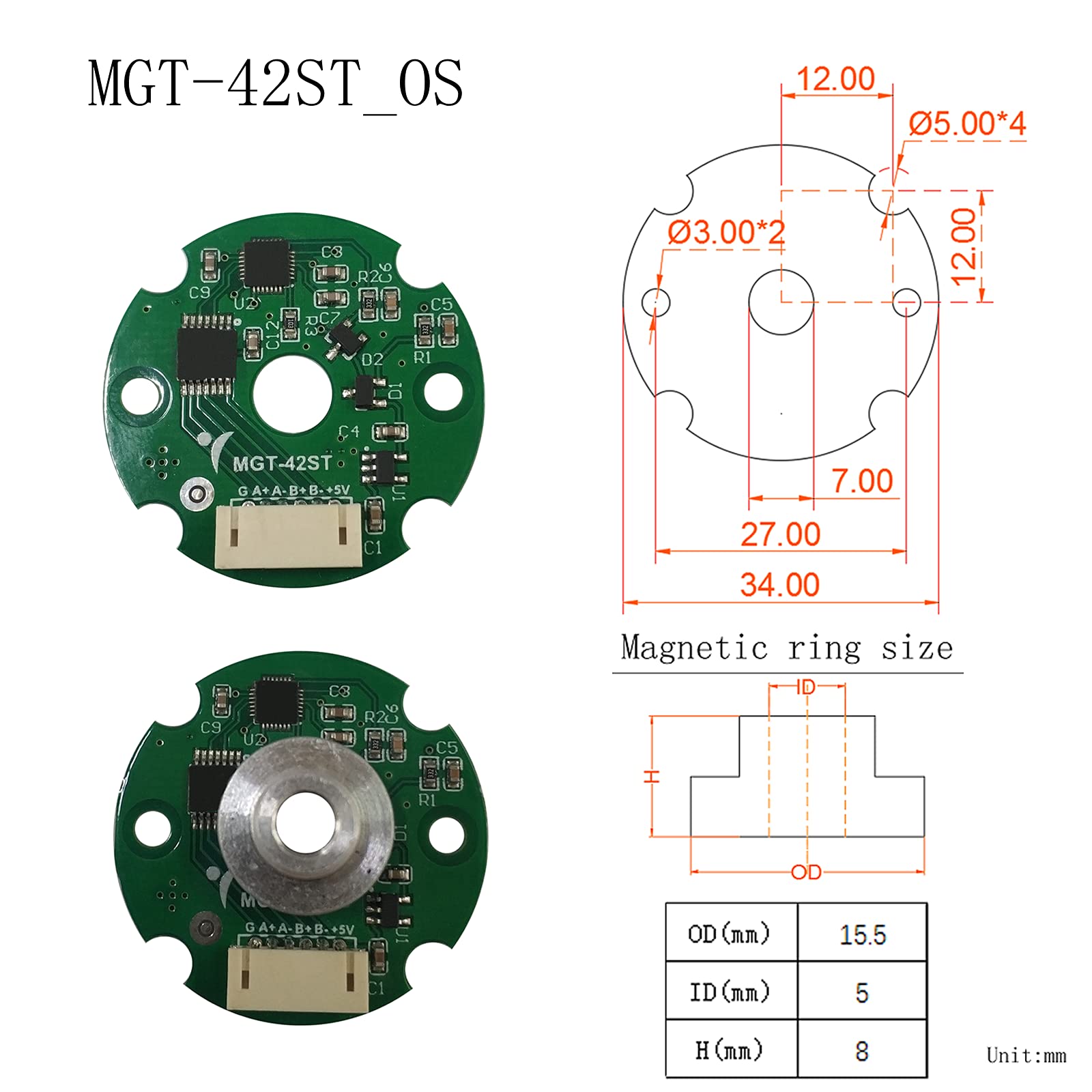 MGT010-42ST magnetic encoder for stepper Motor and bushless DC Motor Incremental output DC 5V 1000 PPR (MGT010-42ST 15.5 * 5 * 6)