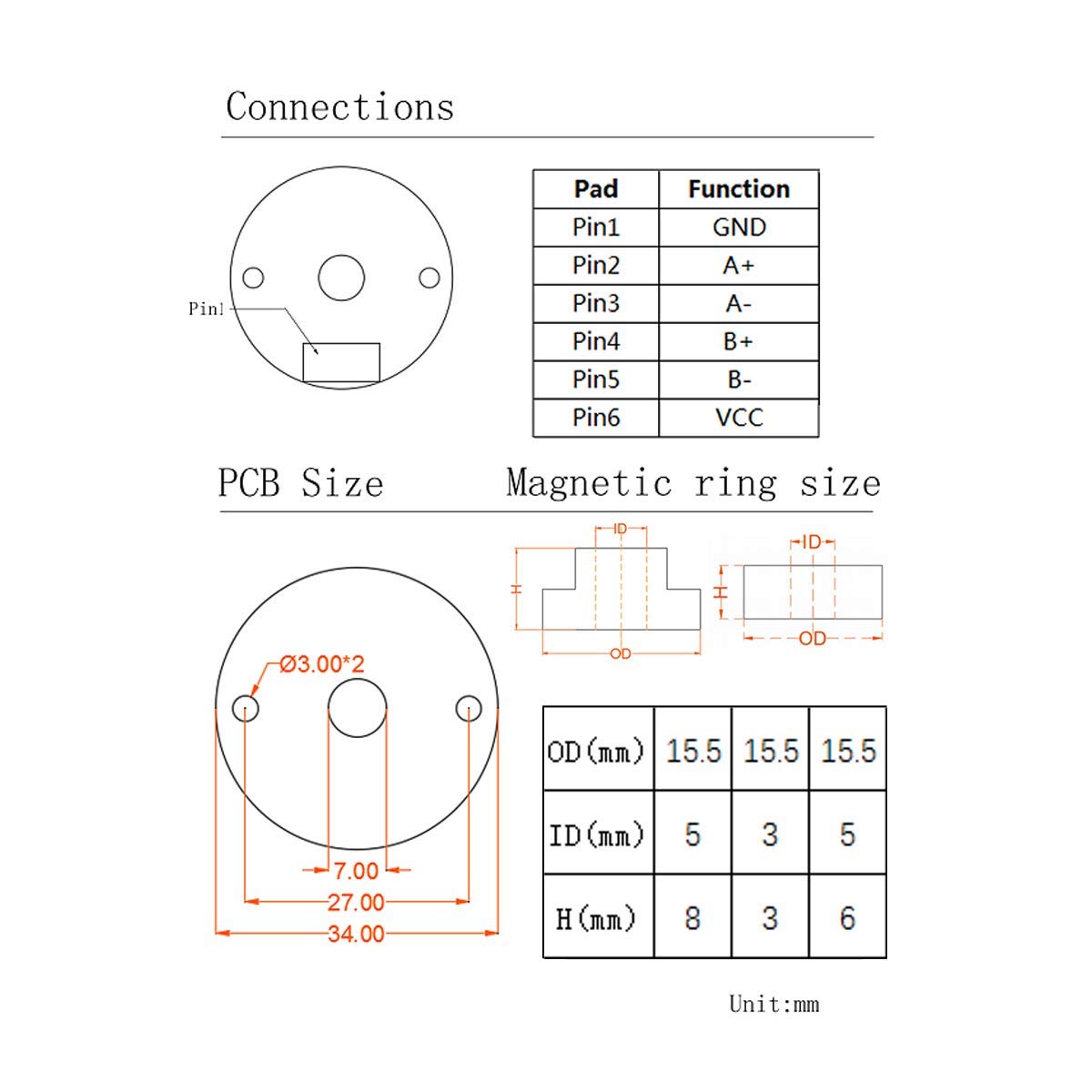 MGT010-42ST magnetic encoder for stepper Motor and bushless DC Motor Incremental output DC 5V 1000 PPR (MGT010-42ST 15.5 * 5 * 6)