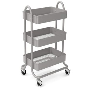 3-tier rolling metal storage organizer - mobile utility rolling storage cart, kitchen cart with caster wheels (grey)