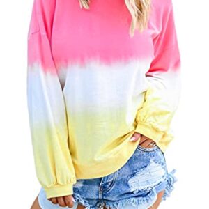 Biucly Women Color Block Lightweight Sweatshirt Long Sleeve Tie Dye Pullover Hoodie,US 12-14(L),Pink,White,Yellow