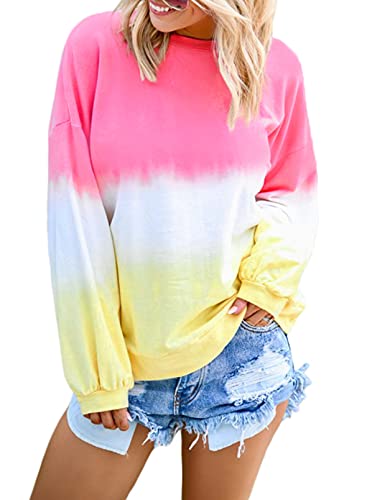 Biucly Women Color Block Lightweight Sweatshirt Long Sleeve Tie Dye Pullover Hoodie,US 12-14(L),Pink,White,Yellow