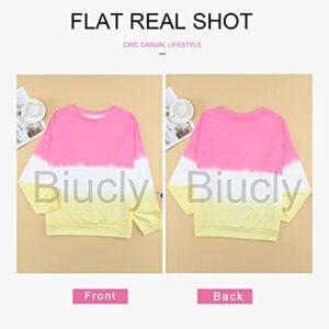 Biucly Women Color Block Lightweight Sweatshirt Long Sleeve Tie Dye Pullover Hoodie,US 12-14(L),Pink,White,Yellow