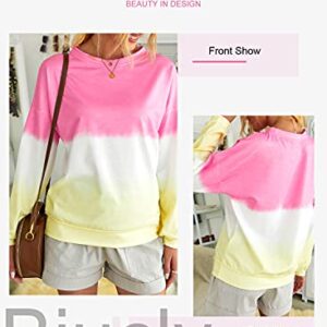 Biucly Women Color Block Lightweight Sweatshirt Long Sleeve Tie Dye Pullover Hoodie,US 12-14(L),Pink,White,Yellow