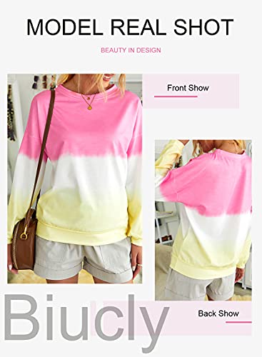 Biucly Women Color Block Lightweight Sweatshirt Long Sleeve Tie Dye Pullover Hoodie,US 12-14(L),Pink,White,Yellow