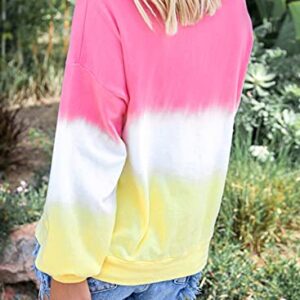 Biucly Women Color Block Lightweight Sweatshirt Long Sleeve Tie Dye Pullover Hoodie,US 12-14(L),Pink,White,Yellow