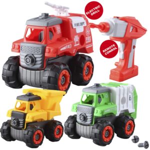 joyin 3 in 1 take apart rc remote control truck toy combo set and remote control electric drill, including fire engine, construction truck, and garbage truck/waste management recycling truck