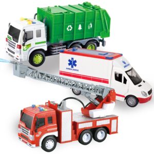 joyin 3 pc 1:16 big friction powered city play vehicle toy set including, fire engine rescue truck, ambulance, and recycling garbage truck, vehicle toy with lights and sound siren