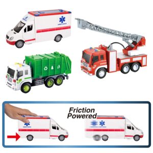 JOYIN 3 PC 1:16 Big Friction Powered City Play Vehicle Toy Set Including, Fire Engine Rescue Truck, Ambulance, and Recycling Garbage Truck, Vehicle Toy with Lights and Sound Siren