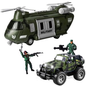 JOYIN Military Vehicles Toy Set of Friction Powered Transport Helicopter and Military Truck with Light and Sound Siren and Army Men Soldier Action Figures for Kids