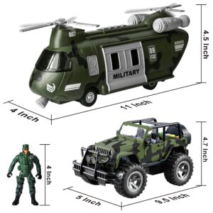 JOYIN Military Vehicles Toy Set of Friction Powered Transport Helicopter and Military Truck with Light and Sound Siren and Army Men Soldier Action Figures for Kids