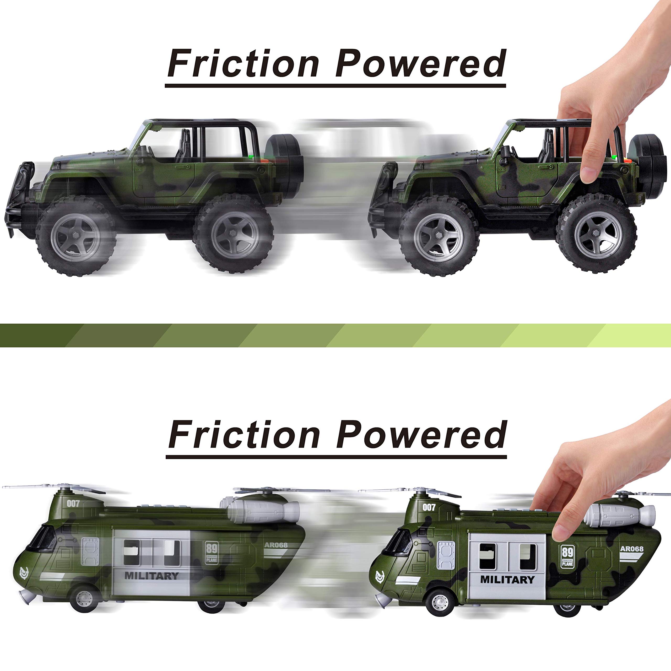 JOYIN Military Vehicles Toy Set of Friction Powered Transport Helicopter and Military Truck with Light and Sound Siren and Army Men Soldier Action Figures for Kids