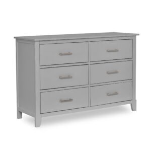 dream on me universal double dresser in pebble grey, kids bedroom dresser, six drawers dresser, mid-century modern, made of solid, sustainable pinewood, easy assembly