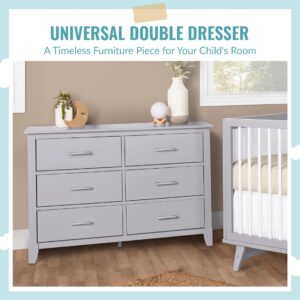 Dream On Me Universal Double Dresser in Pebble Grey, Kids Bedroom Dresser, Six Drawers Dresser, Mid-Century Modern, Made of Solid, Sustainable Pinewood, Easy Assembly