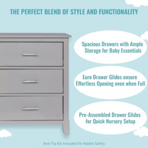 Dream On Me Universal Double Dresser in Pebble Grey, Kids Bedroom Dresser, Six Drawers Dresser, Mid-Century Modern, Made of Solid, Sustainable Pinewood, Easy Assembly