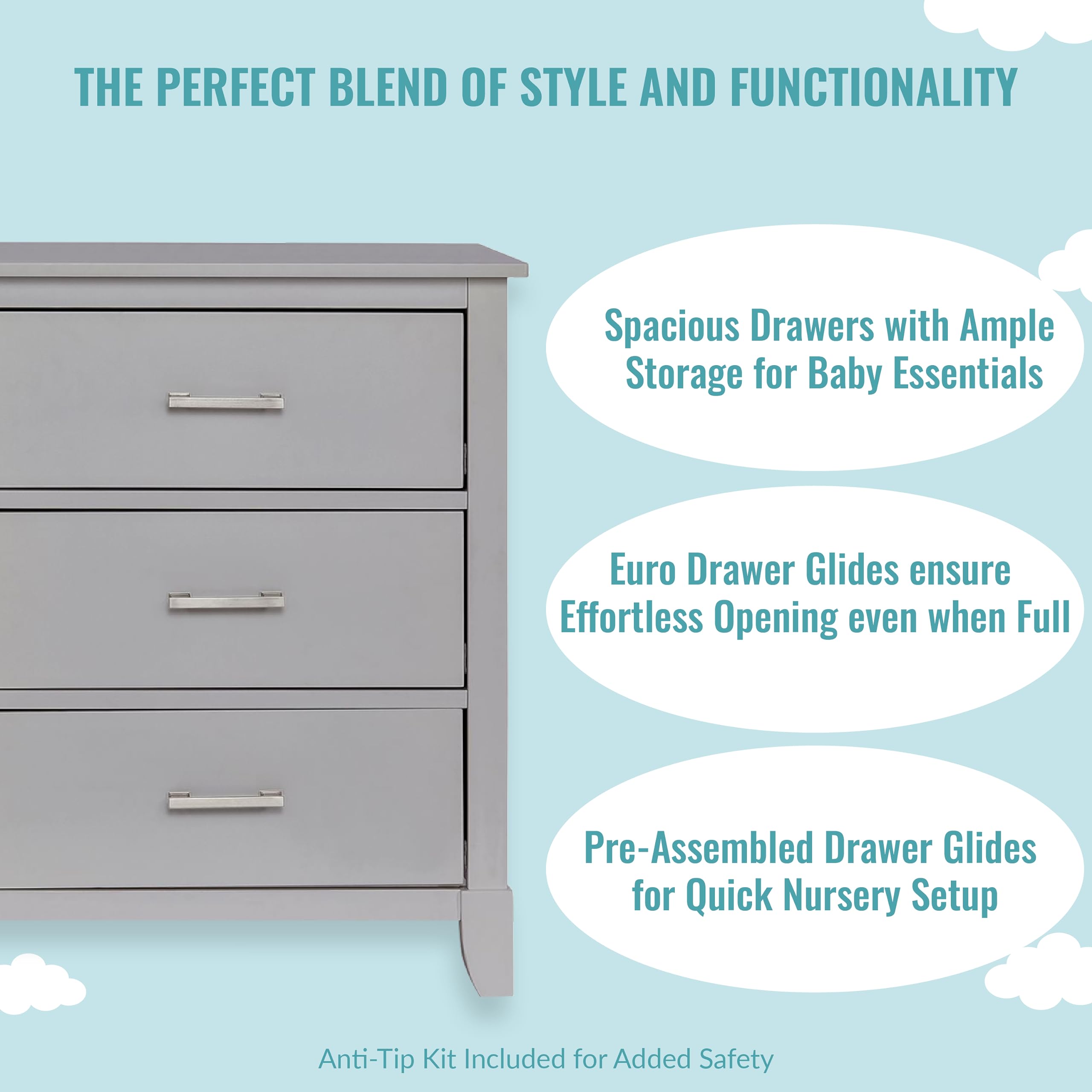 Dream On Me Universal Double Dresser in Pebble Grey, Kids Bedroom Dresser, Six Drawers Dresser, Mid-Century Modern, Made of Solid, Sustainable Pinewood, Easy Assembly