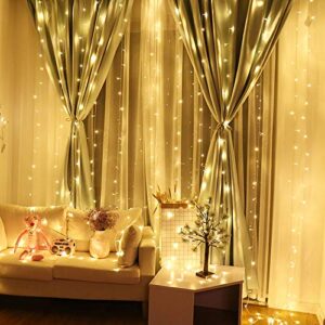 GUOCHENG Copper String Curtain Lights 3m x 3m LED Curtain Fairy Lights USB Powered Window Light Strings with Remote for Home Bedroom Party Wedding, Indoor Outdoor Decorations-Warm White