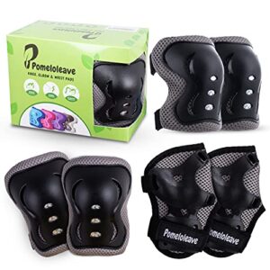 knee pads for kids – pomeloleave knee and elbow pads for kids and teen protective gear 6 in 1 set for inline skating, rollerblades, skateboard, dirt bike, longboarding – medium (9-12 age), black