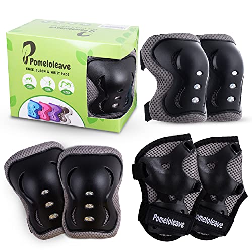 Knee Pads for Kids – POMELOLEAVE Knee and Elbow Pads for Kids and Teen Protective Gear 6 in 1 Set for Inline Skating, Rollerblades, Skateboard, Dirt Bike, Longboarding – Medium (9-12 Age), Black