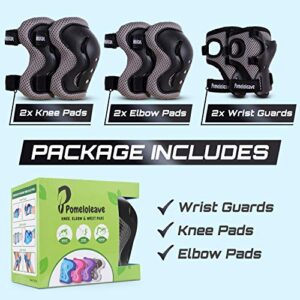 Knee Pads for Kids – POMELOLEAVE Knee and Elbow Pads for Kids and Teen Protective Gear 6 in 1 Set for Inline Skating, Rollerblades, Skateboard, Dirt Bike, Longboarding – Medium (9-12 Age), Black