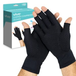 vive fingerless arthritis gloves for men & women made w/copper infused fabric - therapeutic compression for swelling, carpal tunnel, tendonitis, edema, & finger pain - comfortable non-slip (medium)