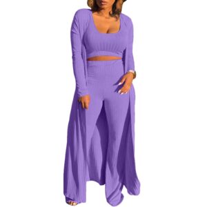 HANMAX Women's Tracksuit Winter Autumn Knitted Long-sleeved Blazer Coat Tank Long Pants Three Piece Sets Outfit Purple