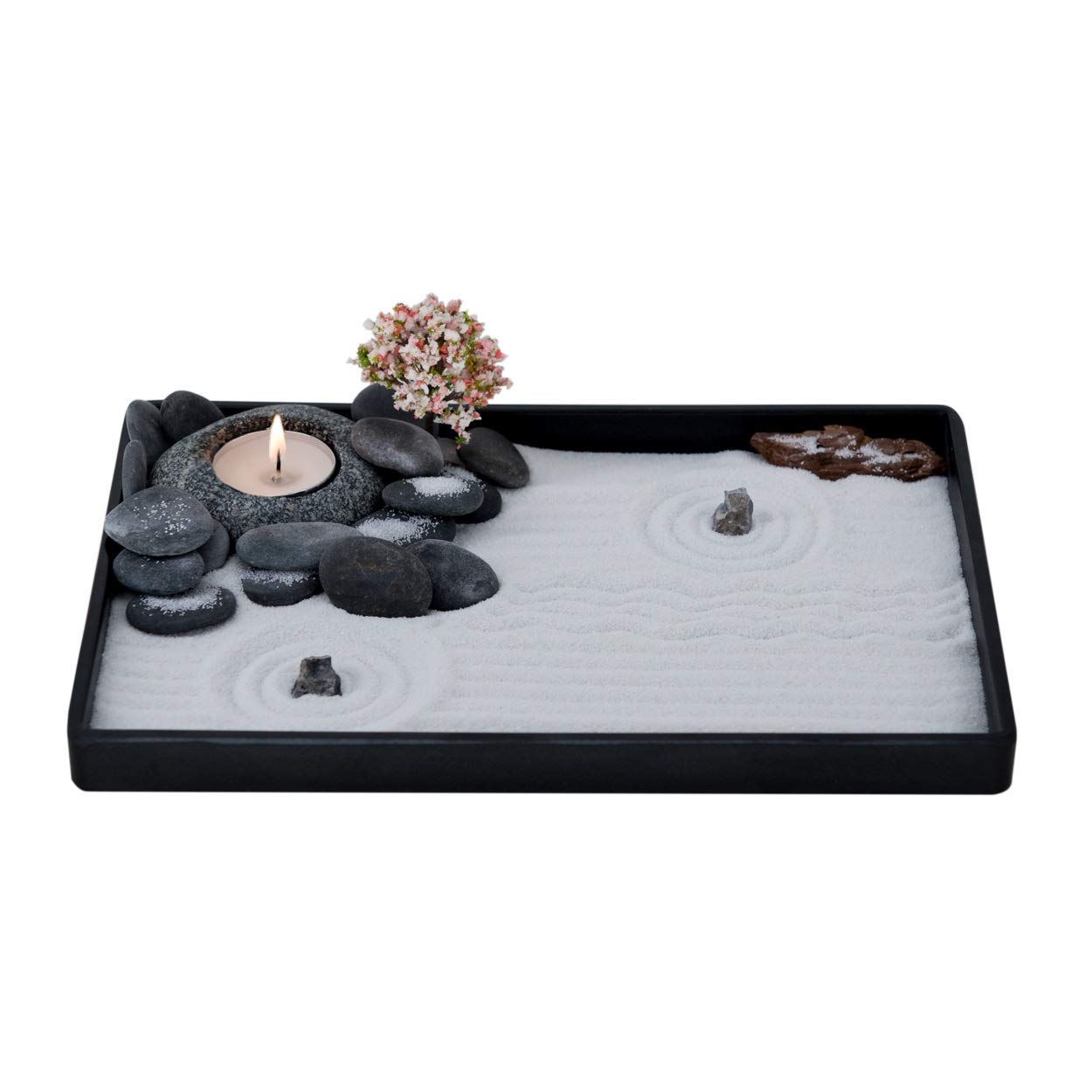 ICNBUYS Handmade Zen Garden Pebbles Candle Holder Set with Zen Garden Tools, Sand, Base Tray and Free Accessories