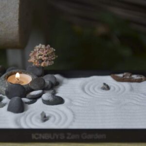 ICNBUYS Handmade Zen Garden Pebbles Candle Holder Set with Zen Garden Tools, Sand, Base Tray and Free Accessories