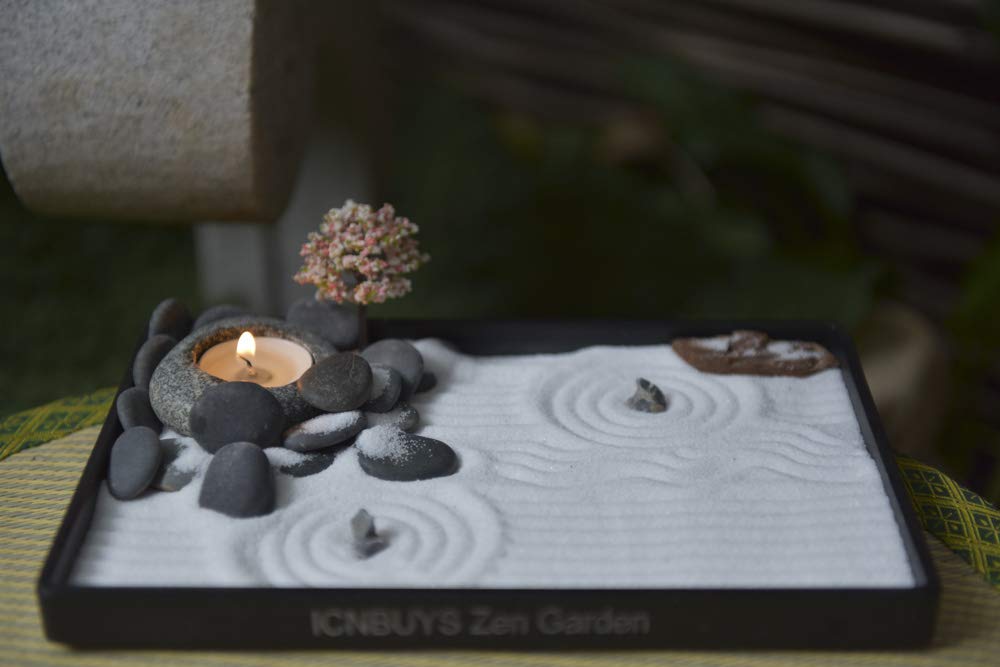 ICNBUYS Handmade Zen Garden Pebbles Candle Holder Set with Zen Garden Tools, Sand, Base Tray and Free Accessories