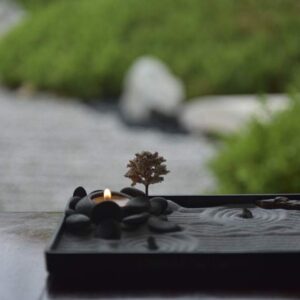 ICNBUYS Handmade Zen Garden Pebbles Candle Holder Set with Zen Garden Tools, Sand, Base Tray and Free Accessories