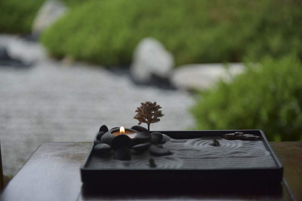 ICNBUYS Handmade Zen Garden Pebbles Candle Holder Set with Zen Garden Tools, Sand, Base Tray and Free Accessories