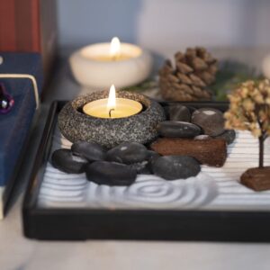 ICNBUYS Handmade Zen Garden Pebbles Candle Holder Set with Zen Garden Tools, Sand, Base Tray and Free Accessories