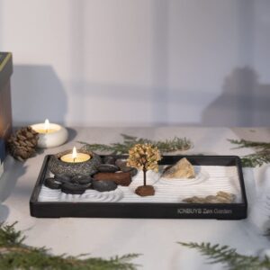 ICNBUYS Handmade Zen Garden Pebbles Candle Holder Set with Zen Garden Tools, Sand, Base Tray and Free Accessories