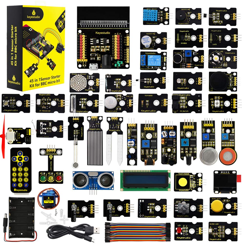 KEYESTUDIO 45 Sensors Starter Kit for BBC Microbit V2.2 V2 V1.5 (Without Micro:bit), Sensor Breakout Board, i2c LCD, OLED Display, 5v Relay with Tutorials 57 Courses Coding for Teens Adults