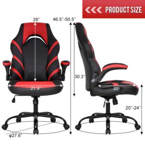 Gaming Chair Home Office Chair PC Computer Chair Rolling Swivel Desk Chair with Lumbar Support High-Back PU Leather Flip-up Arms E-Sport Racing Chair for Men(Red)