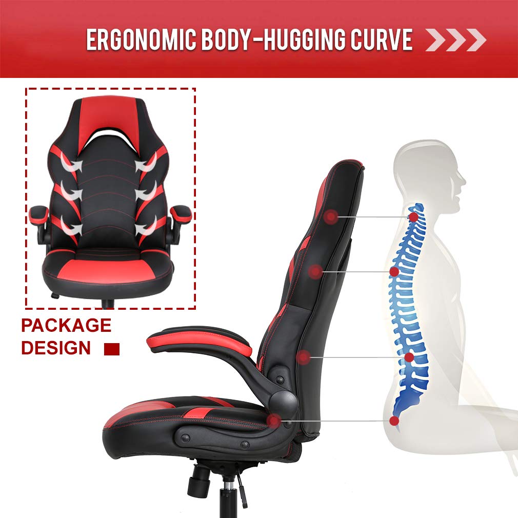 Gaming Chair Home Office Chair PC Computer Chair Rolling Swivel Desk Chair with Lumbar Support High-Back PU Leather Flip-up Arms E-Sport Racing Chair for Men(Red)