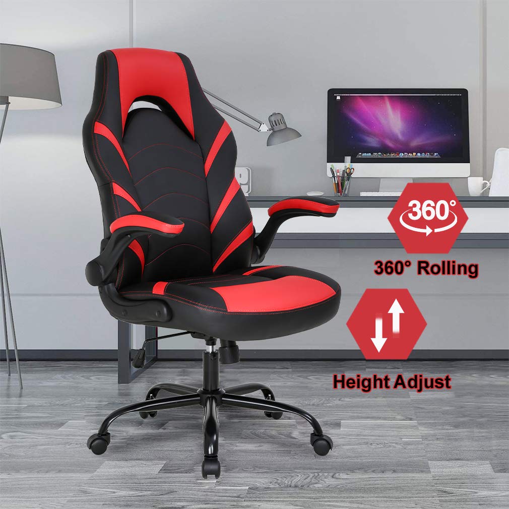 Gaming Chair Home Office Chair PC Computer Chair Rolling Swivel Desk Chair with Lumbar Support High-Back PU Leather Flip-up Arms E-Sport Racing Chair for Men(Red)