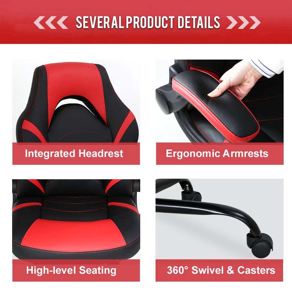 Gaming Chair Home Office Chair PC Computer Chair Rolling Swivel Desk Chair with Lumbar Support High-Back PU Leather Flip-up Arms E-Sport Racing Chair for Men(Red)