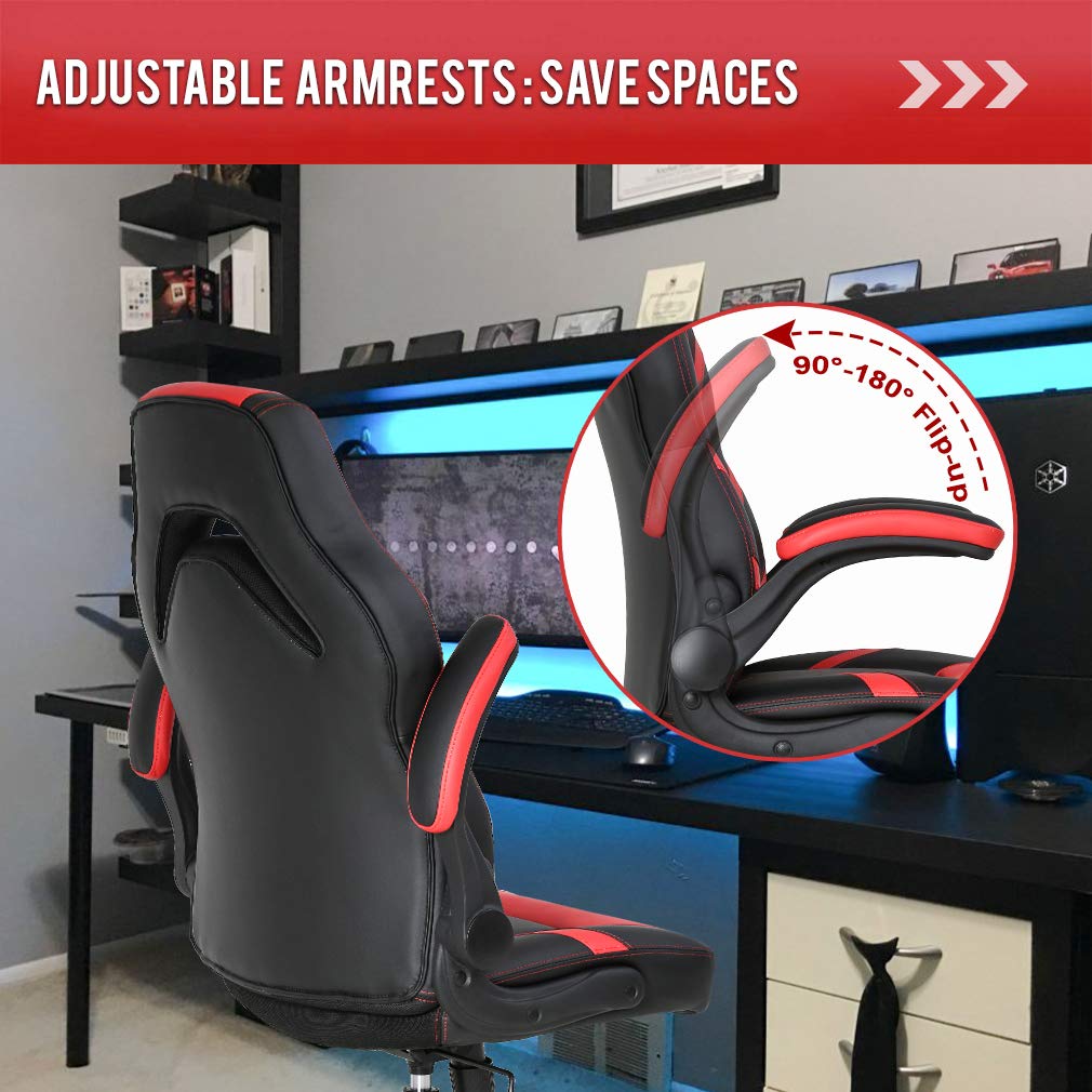 Gaming Chair Home Office Chair PC Computer Chair Rolling Swivel Desk Chair with Lumbar Support High-Back PU Leather Flip-up Arms E-Sport Racing Chair for Men(Red)