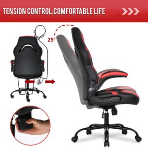 Gaming Chair Home Office Chair PC Computer Chair Rolling Swivel Desk Chair with Lumbar Support High-Back PU Leather Flip-up Arms E-Sport Racing Chair for Men(Red)