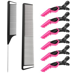 8 pieces rat tail combs hair clips set,2 pcs parting comb and 6 pcs clip for women girls comb with wide and fine teeth hair care tools
