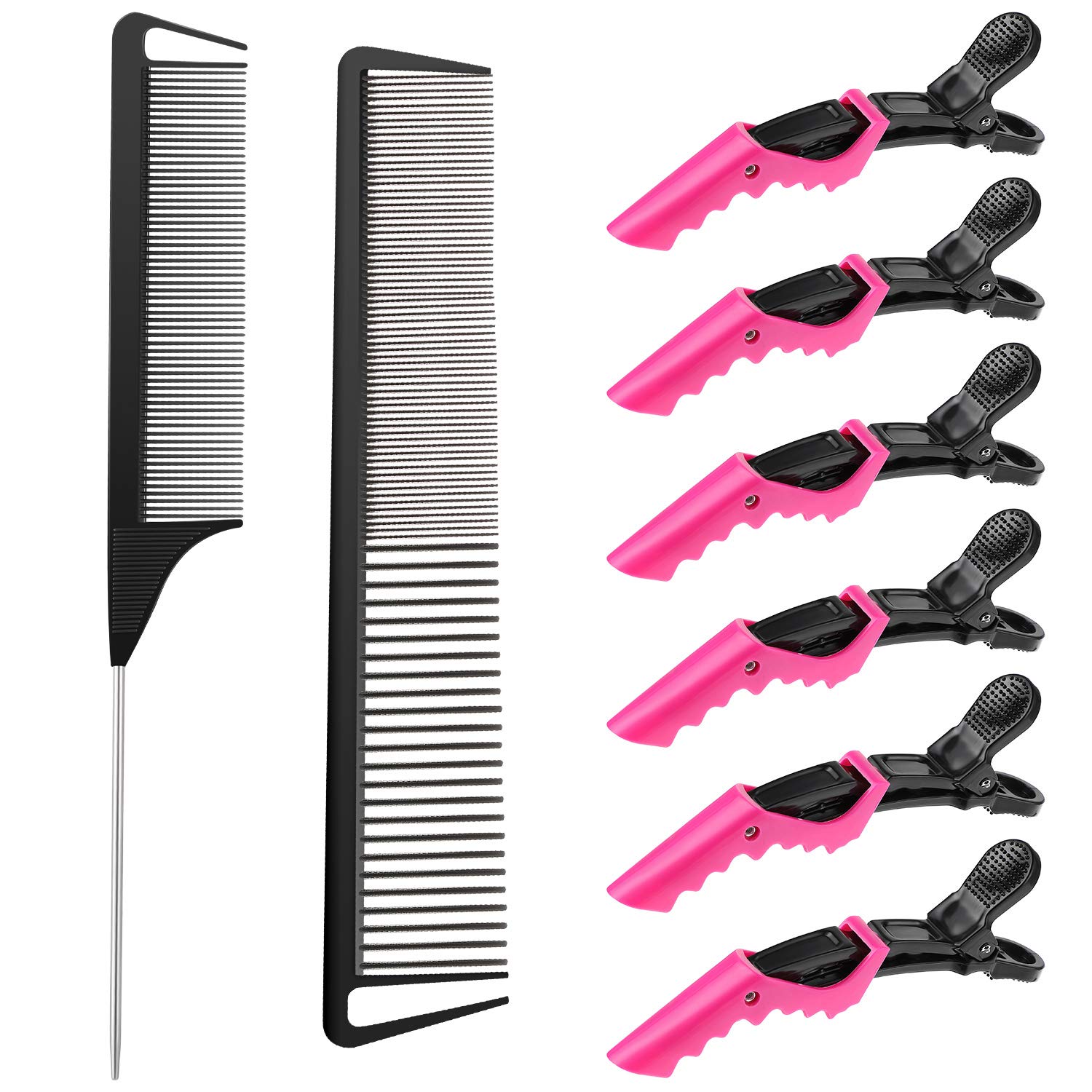 8 Pieces Rat Tail Combs Hair Clips Set,2 PCS Parting Comb and 6 PCS Clip for Women Girls Comb with Wide and Fine Teeth Hair Care Tools