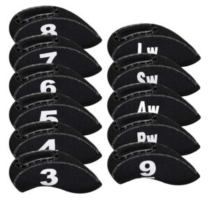 big teeth golf iron head covers 11pcs neoprene golf club protector flexible with window and number tag multi color (all black)