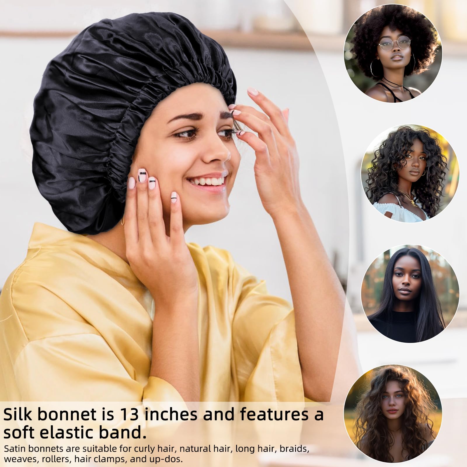 Satin Silk Hair Bonnet for Sleeping for Women, Natural Hair