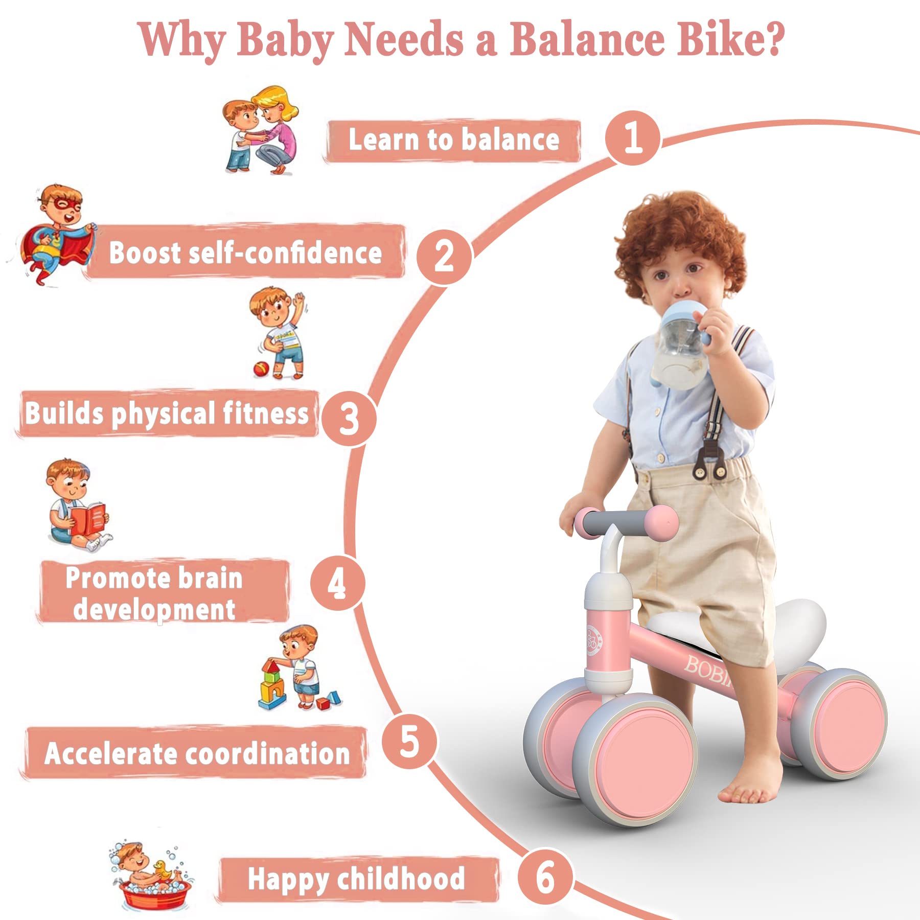 Bobike Baby Balance Bike Toys for 1 Year Old Gifts Boys Girls 10-24 Months Kids Toys Toddler Best First Birthday Gifts Children Walker Baby Walker No Pedal Infant 4 Wheels Bicycle (Pink)