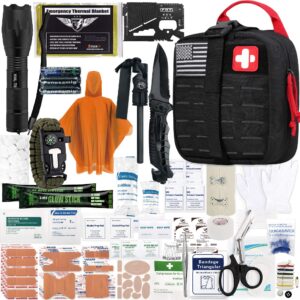 everlit survival upgraded survival first aid kit emergency gear trauma kit with 1000d nylon laser cut tactical emt pouch for outdoor, camping, hunting, hiking, earthquake, home, office (black)