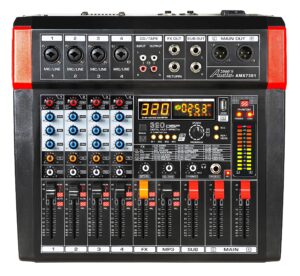 audio2000's amx7381 four-channel powered audio mixer with 320 dsp sound effects, stereo sub out with sub-out level-control fader, level-control faders on all channels, and usb/computer interface
