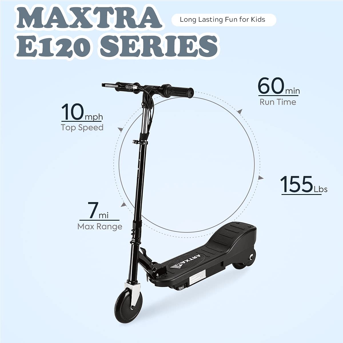 MAXTRA Folding Electric Scooter, Adjustable Handlebar Height for Kids Ages 6-12, up to 10mph ＆ 60 Long Battery Life
