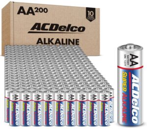 acdelco 200-count aa batteries, super alkaline battery, 10-year shelf life, reclosable packaging