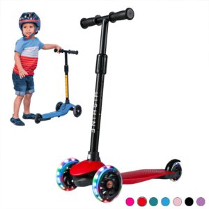 kick scooter for kids boys girls, 3 wheel scooter for toddler for 2-5 years old, adjustable height, light up flashing wheels, removable handlebar, lean to steer, easy to carry (red)